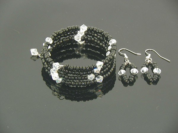 Black Bead & Faux Crystal Spiral Set